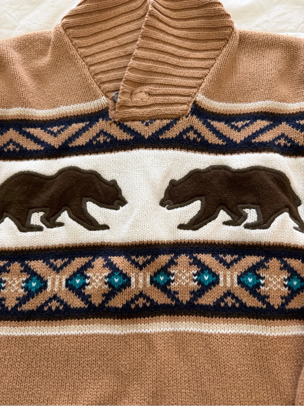 Gymboree Tan Bear Motif Turtleneck Sweater with Navy & Cream Accents